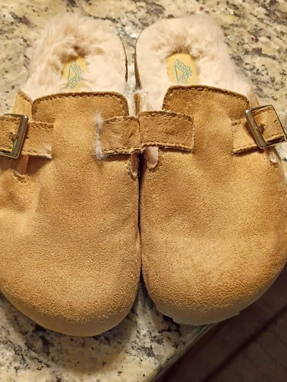 Kids Faux Suede Fur-Lined Slip-Ons with Buckle - Tan